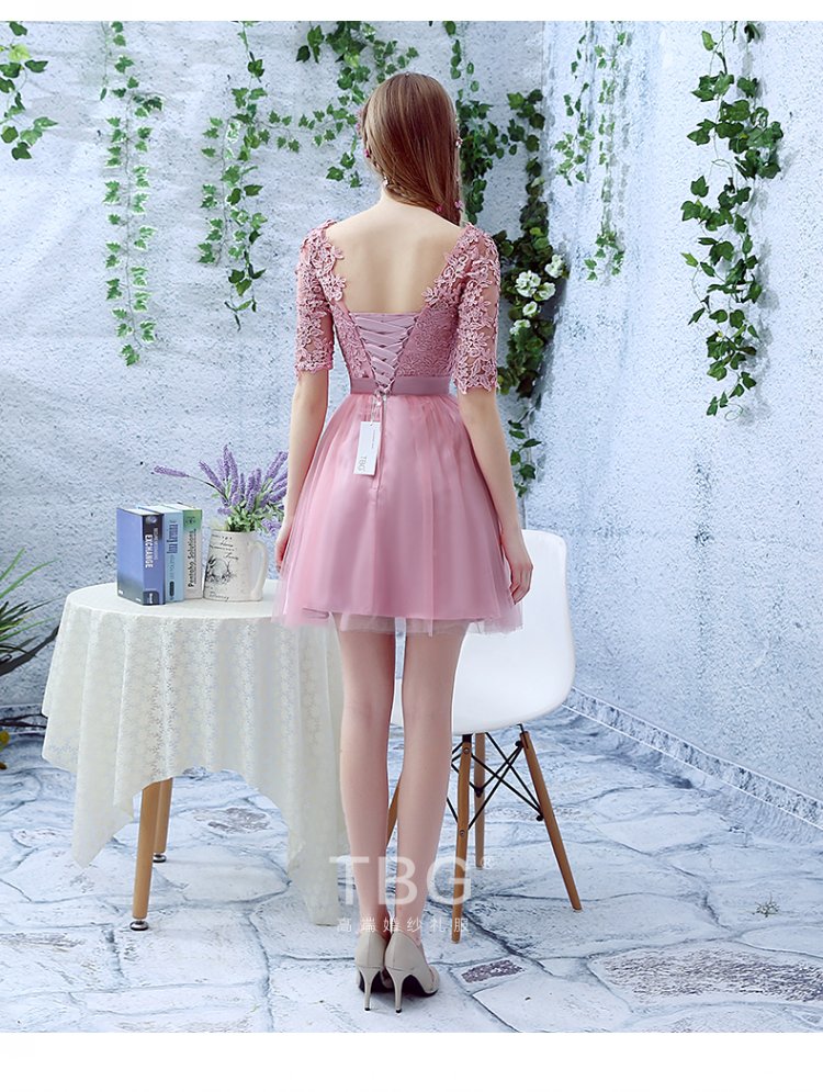 Short Lace Applique Tulle Evening Dress Featuring Half Sleeves And Boat ...